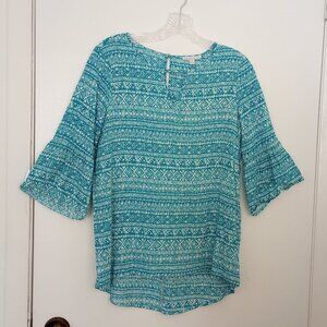 Karissa & Me Teal Blue & White Batik Print Boho Top